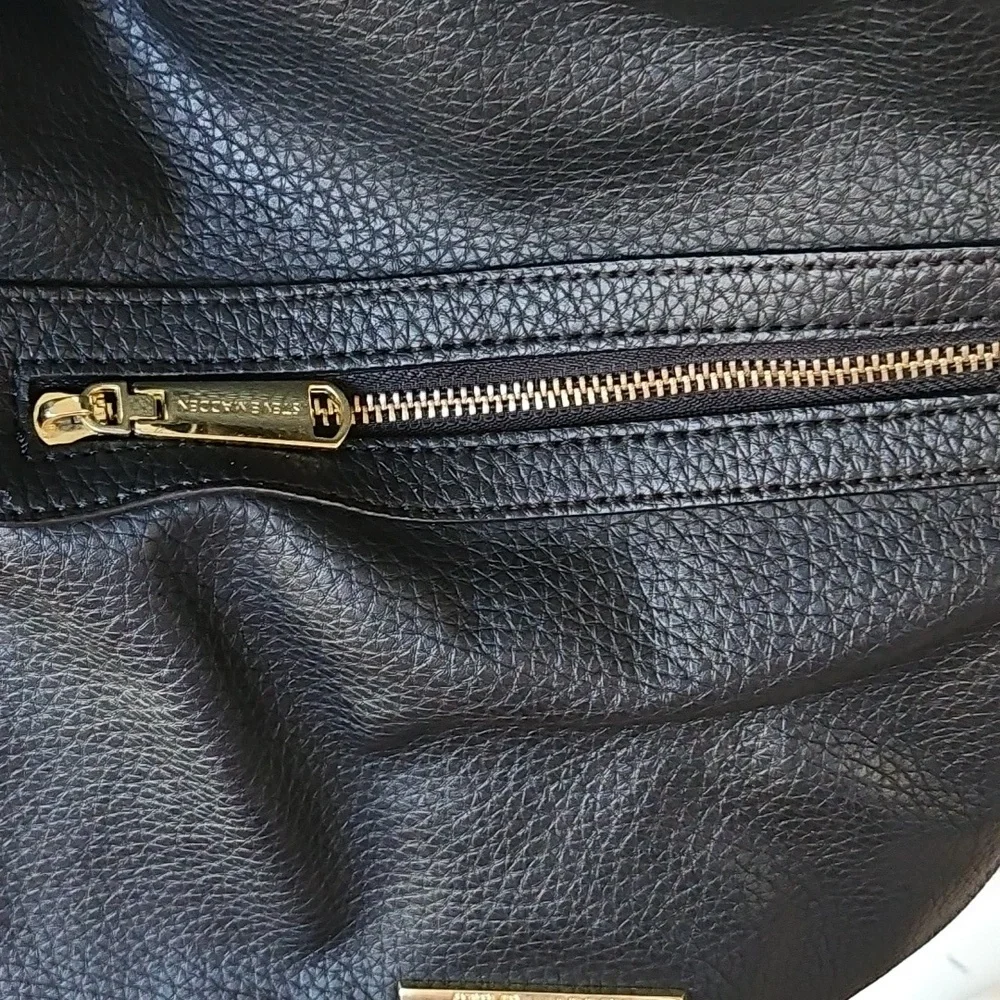 STEVE MADDEN Black Faux Leather Shoulder Large Hobo Shoulder Bag Tassel Charm - Picture 3 of 12